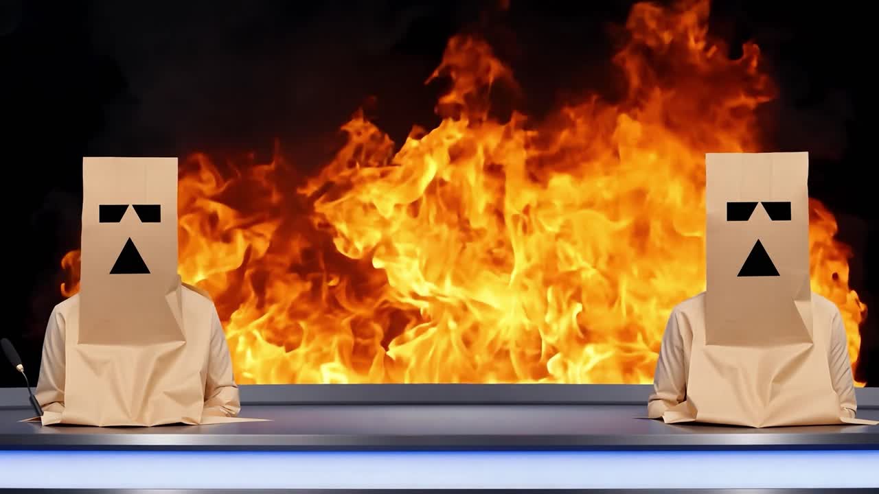 два человека в бумажных пакетах перед огнем