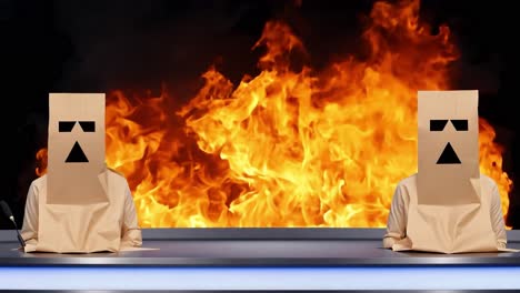 two people in paper bags in front of a fire