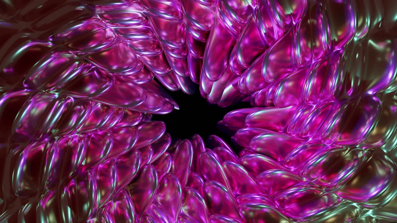 Bright shiny neon iridescent abstract flower growth on dark surface, 3d background