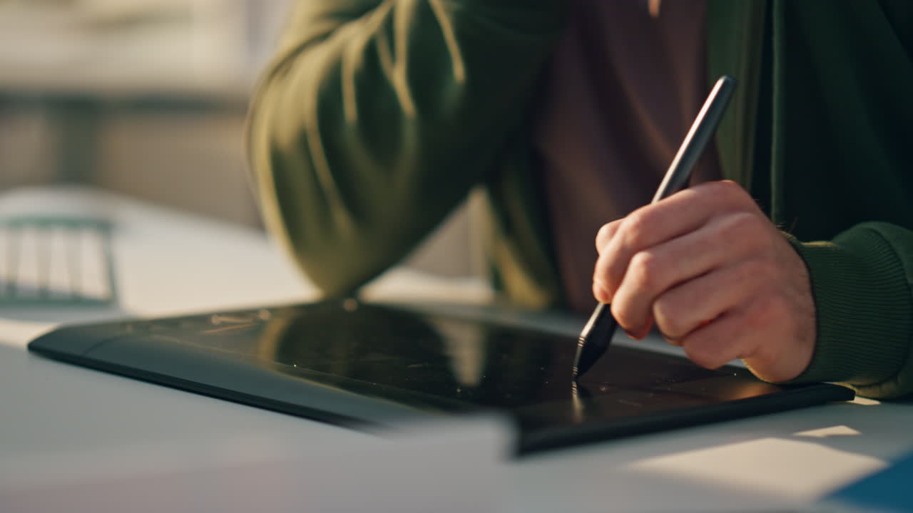 클로즈업 디자이너 손으로 그림 그리는 태블릿 테이블, 바쁜 예술가, 얘기 전화, 작업 패드