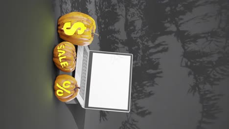 halloween vertical sales banner, laptop with white screen, dark grey background with tree shadow