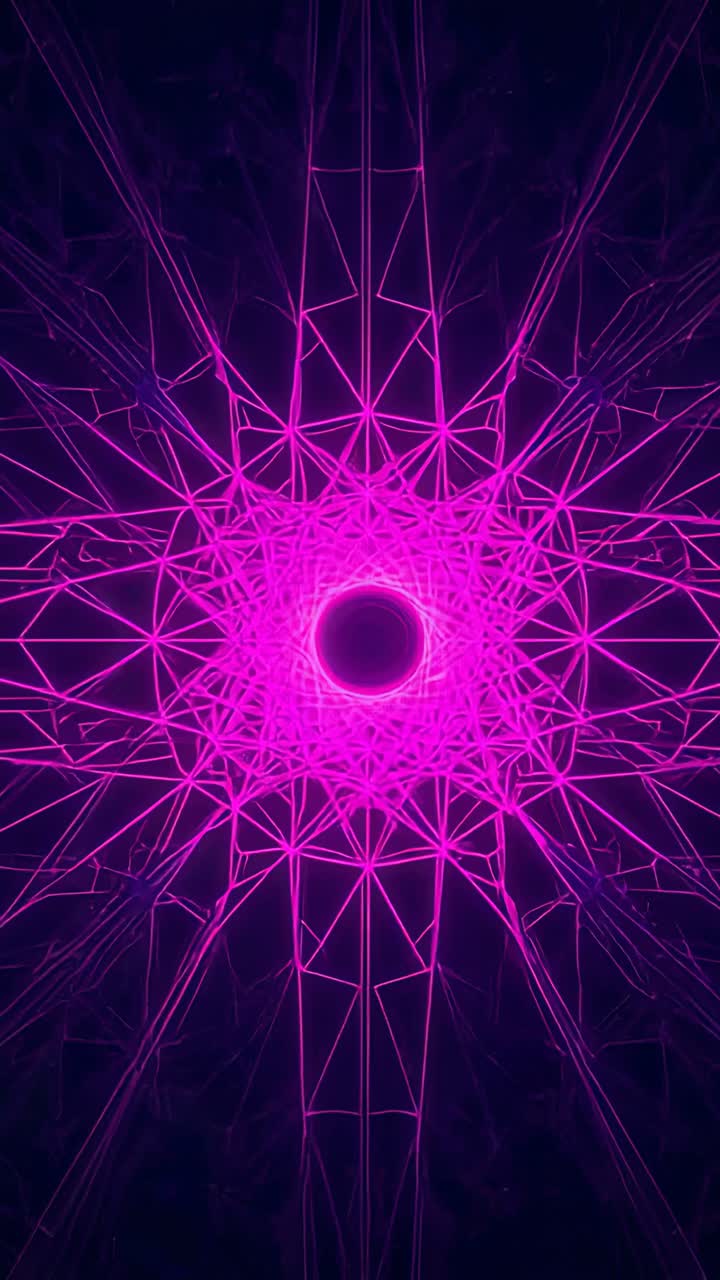 Vertical video: Animating magenta lattice pulsing rotating and expanding in dark void with core