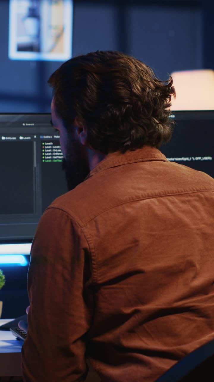 Man Coding on Computer Screens in Dark Office at Night