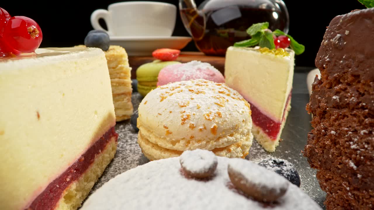 Preparing to take guests with sweet and tasty but unhealthy food. Bisquits, cheesecake and chocolate cake, and more. Slider shot, UHD