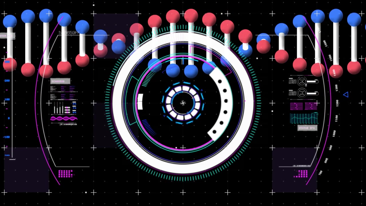 Animation of rotating dna strand scope scanning over data processing on black background