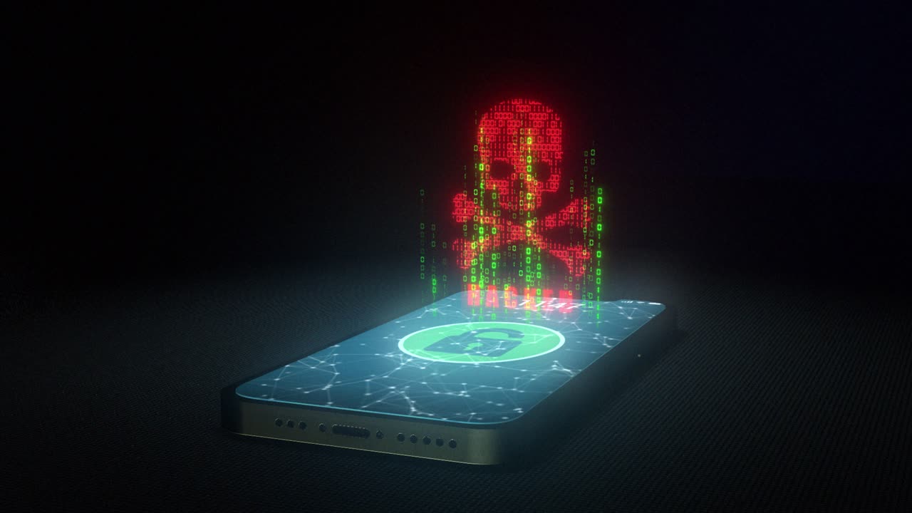 High quality animated 3D CGI render with orbiting camera move - close up of mobile phone being unlocked and hacked, with digital and binary code flowing out and a skull and crossbones motif