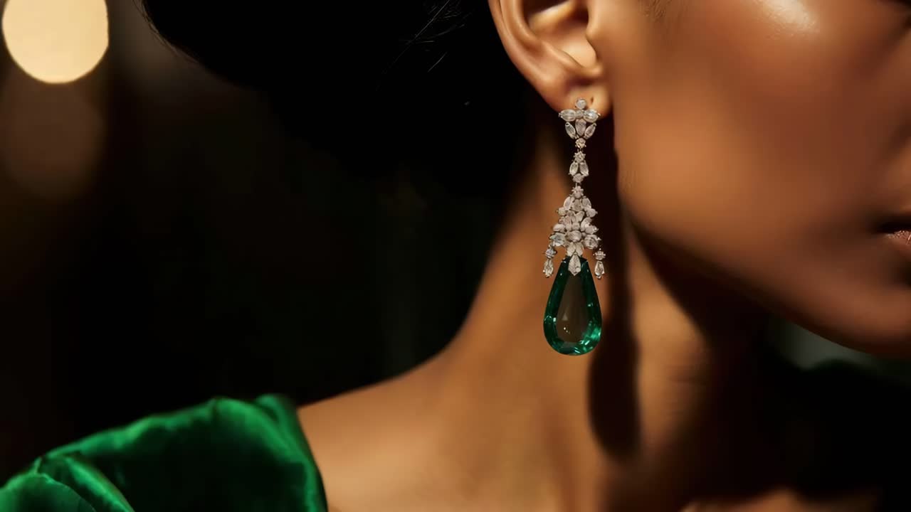 Close-up video shot of a woman's elegant emerald earring, capturing the intricate design