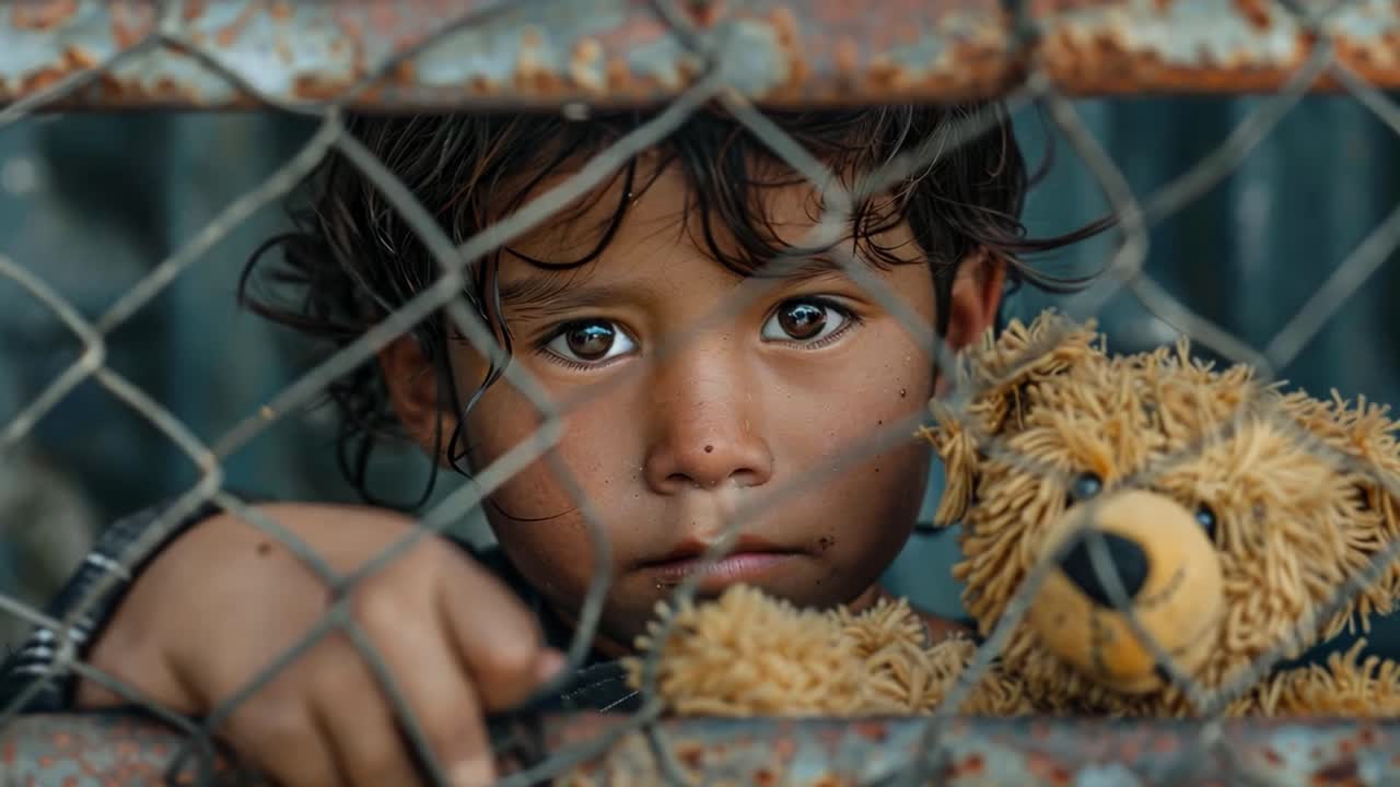 Sad child with teddy bear behind a wire fence