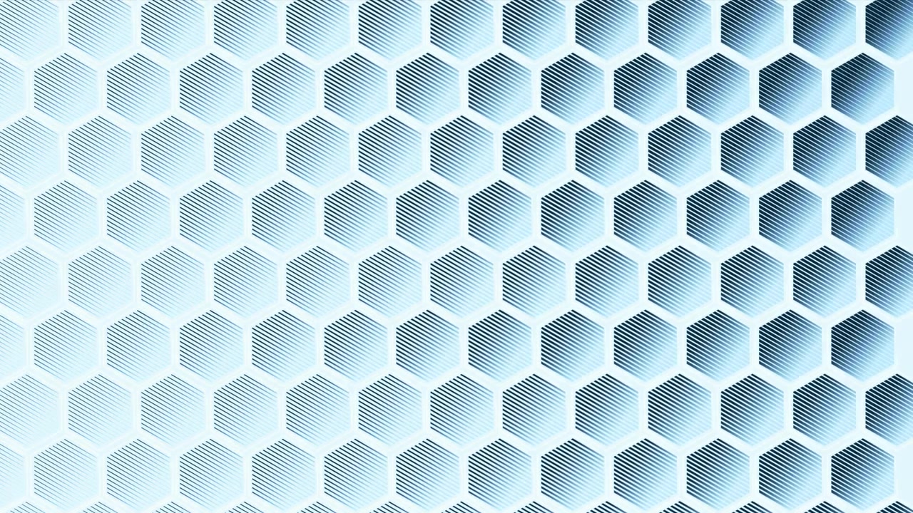 Animação digital de múltiplos hexágonos aparecendo, com gradiente, em fundo azul