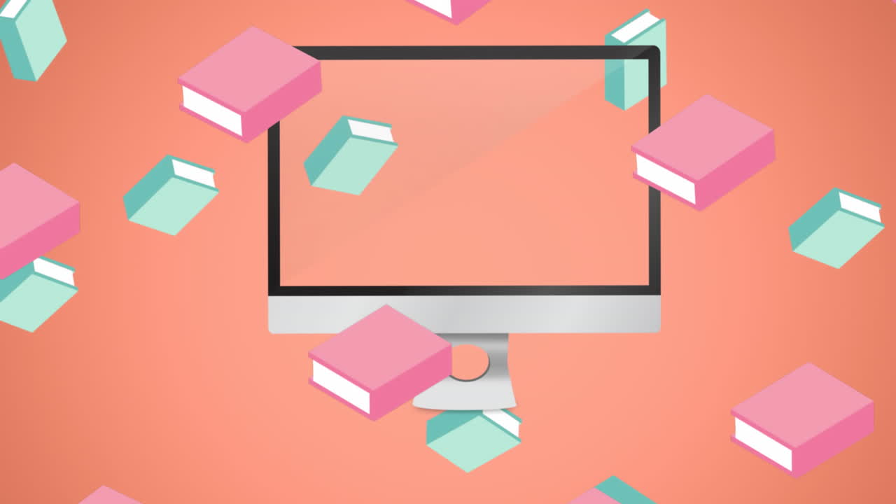 Animation of computer monitor and book icons over pink background