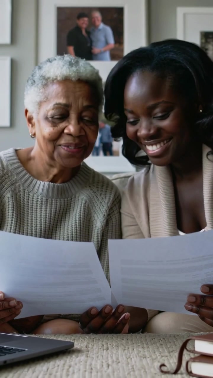 Vertical video: Finding papers, mom and daughter reading on home couch in sweaters with laptop