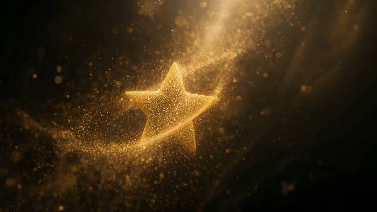 Emerging golden 5-point star brightening in dark studio as swirling dust sweeping in, reaching glow