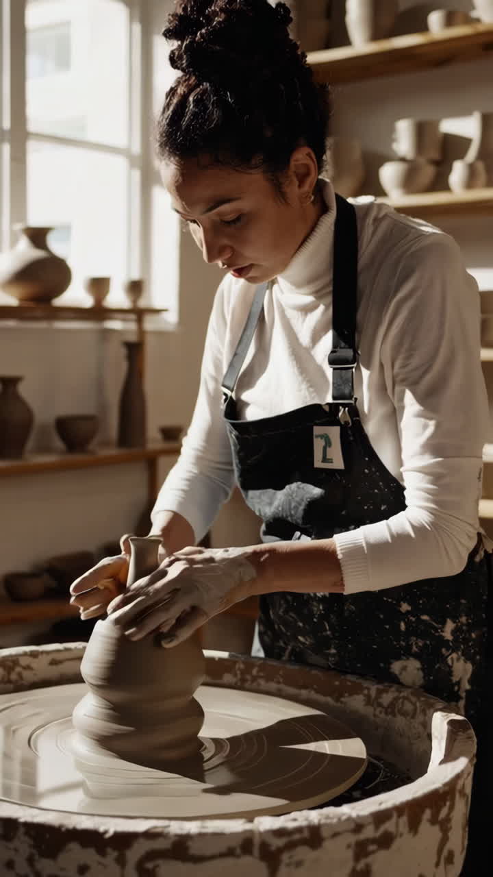Woman working on pottery wheel