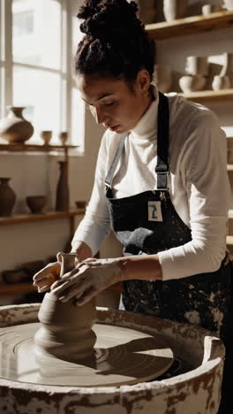 mujer trabajando en la rueda de cerámica