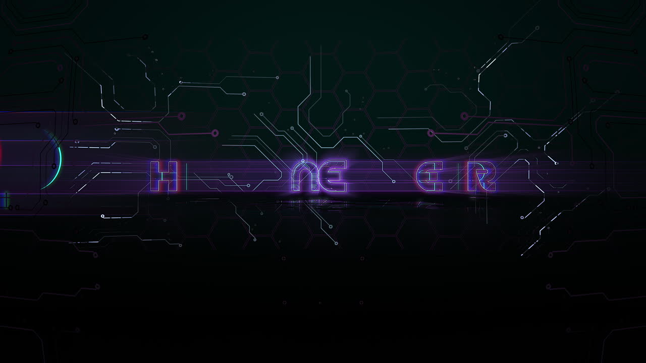 Animation intro text Happy New Year and cyberpunk animation background with computer chip and neon lines