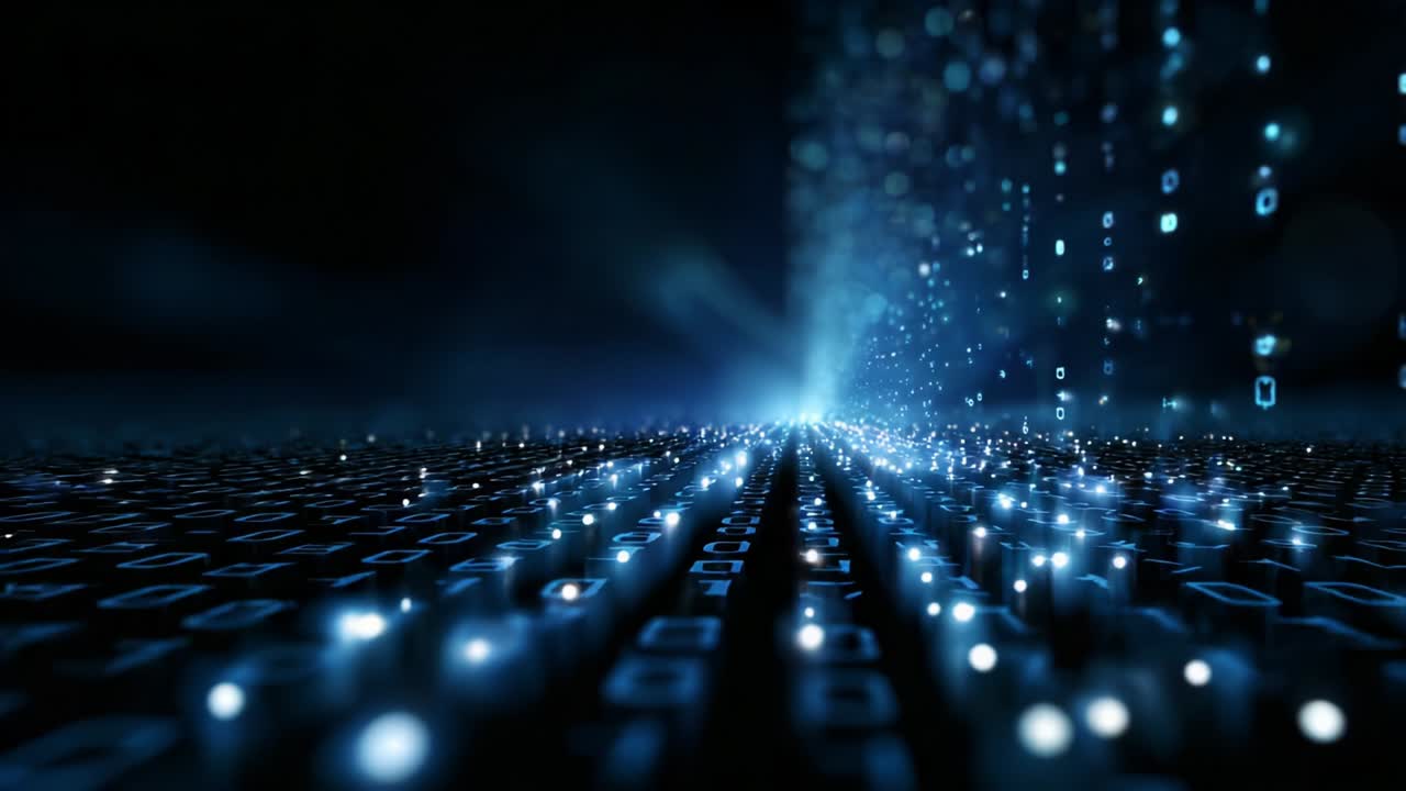 A Futuristic Digital Landscape with Pulsating Blue Lights and Data Streams, Depicting a Vast Binary Code Environment that Evokes the Essence of Technology and Virtual Reality, Merging the Real and the Digital Worlds