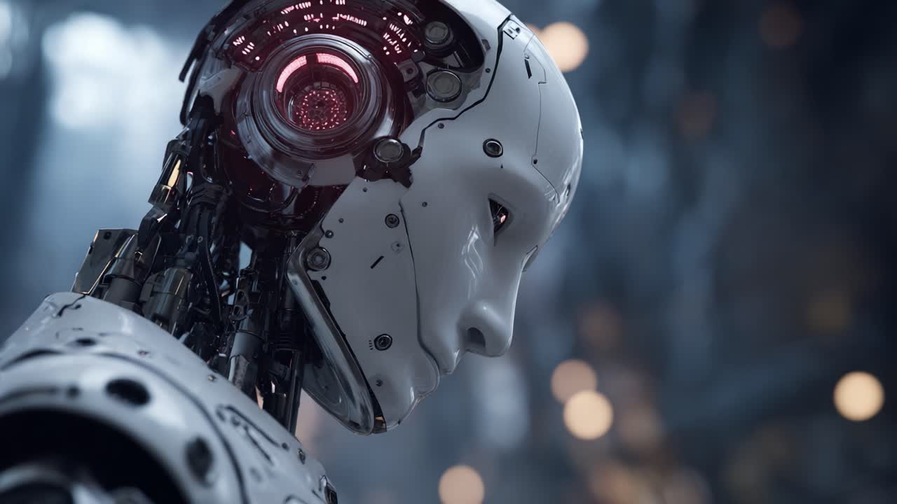 Fütüristik bir ortamda karmaşık tasarımı ve sofistike bileşenleri sergileyen gelişmiş bir robot profili, mekanik zeka ve sanatsallığın özünü vurguluyor.