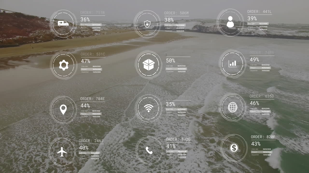 animación de la red de iconos y procesamiento de datos sobre el paisaje