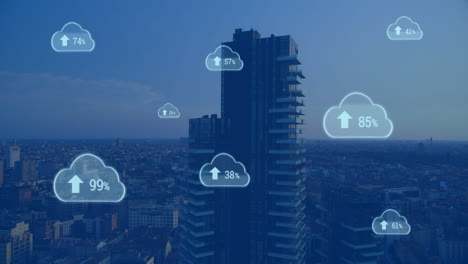 floating cloud icons with percentage data over cityscape and tall building animation