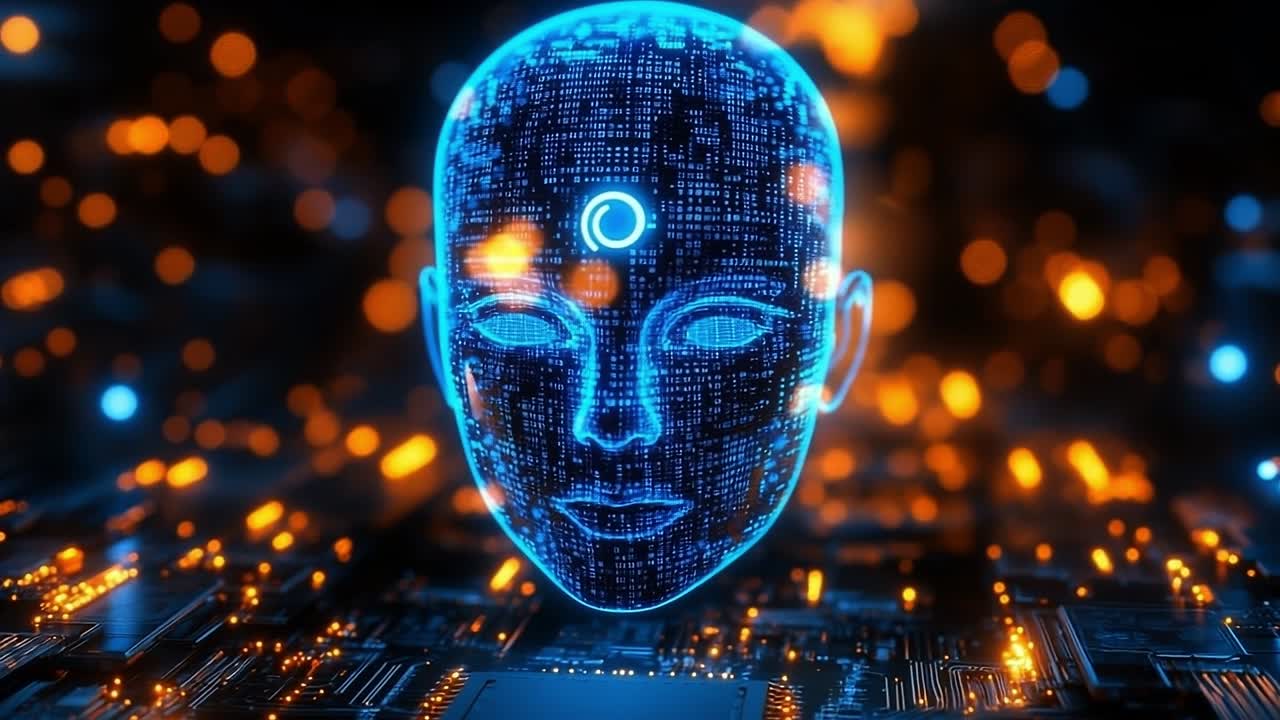 Concept art futuristico di IA. Una rappresentazione digitale di un volto luminoso emerge da una scheda madre, mostrando tecnologia avanzata e innovazione