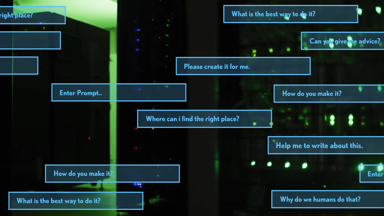 Text animation over server room with various questions about creating and finding things