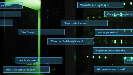 text animation over server room with various questions about creating and finding things