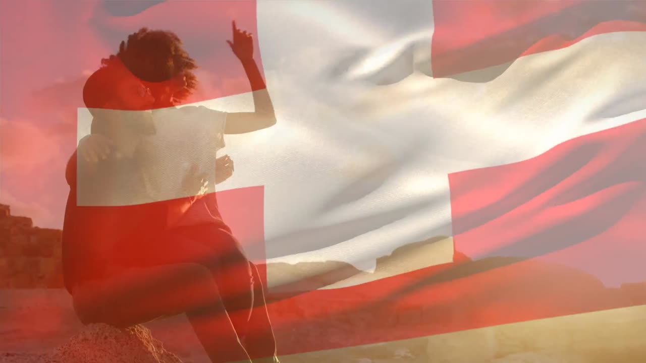 해변에서 아프리카계 미국인 부부 위에 스위스의  ⁇ 발의 애니메이션