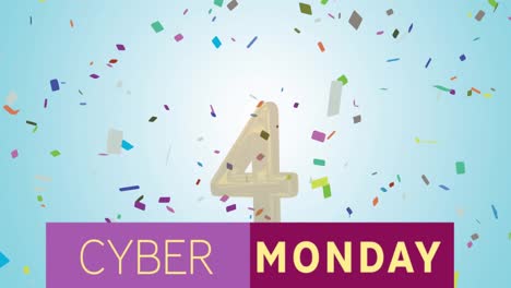 Animation-of-numbers-1-to-10-and-words-cyber-monday-with-confetti-on-blue