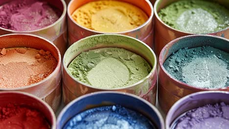 collection of vibrant colored powders in tins