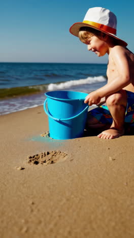 young boy playing with a blue bucket on a sunny beach