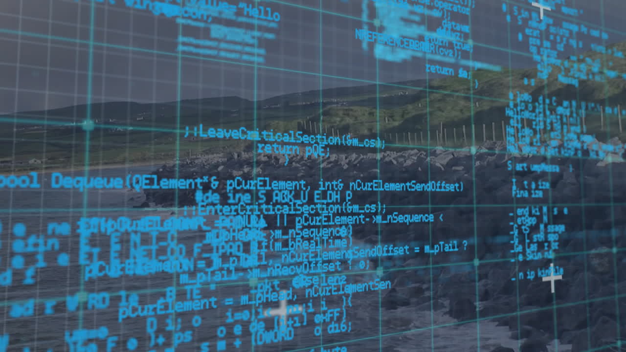 Grid and data points animation over coastal landscape with rocky shoreline