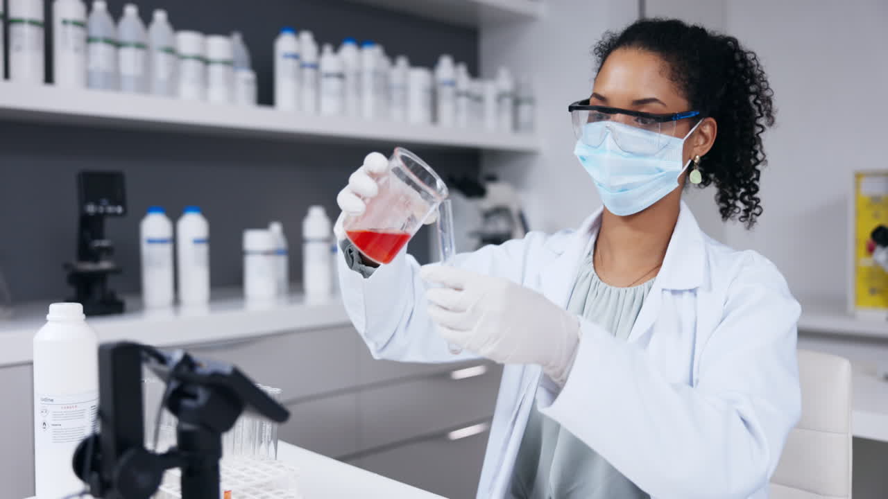 Scientist, woman and test tube with chemical