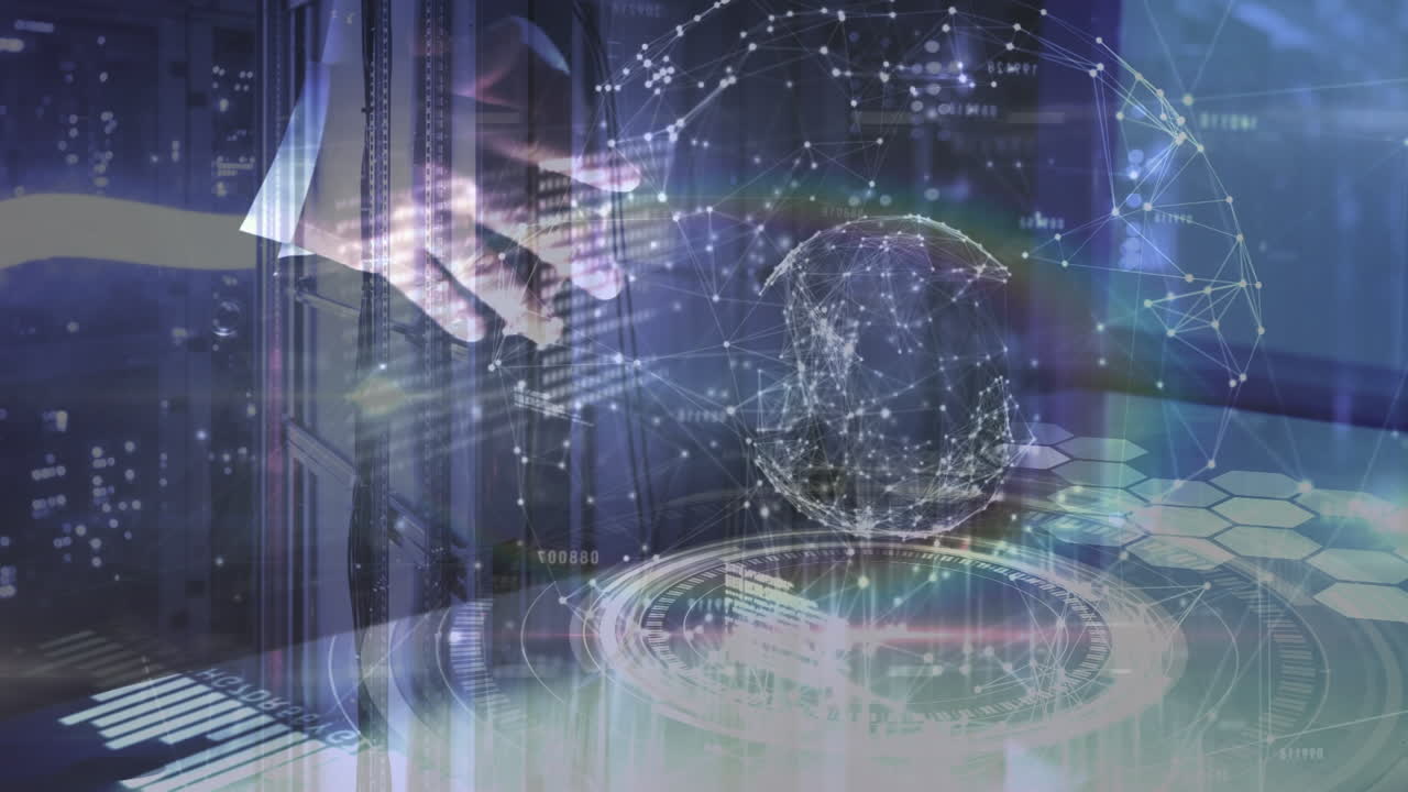 데이터 프로세싱의 애니메이션과 서버 방에 대한 백인 사업가