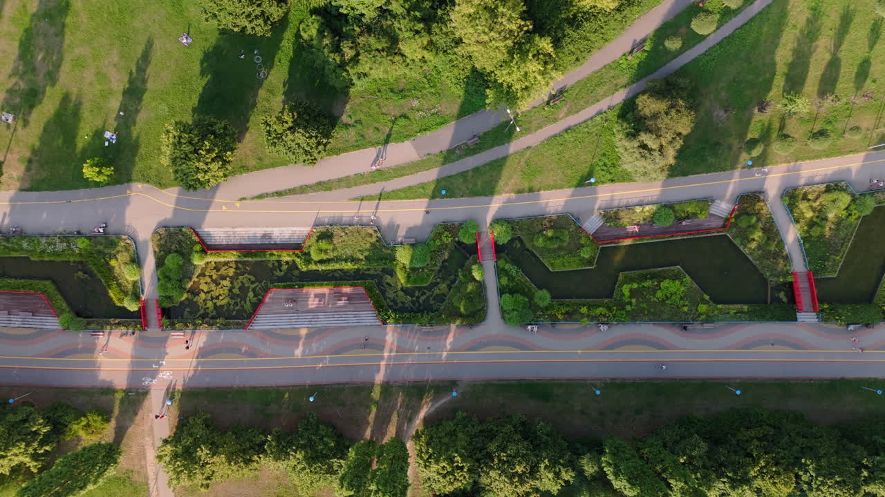 Modern Park Aerial View with Water Features and Walking Paths