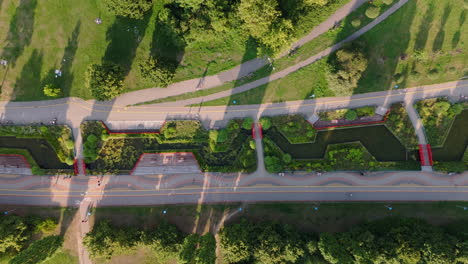 modern park aerial view with water features and walking paths