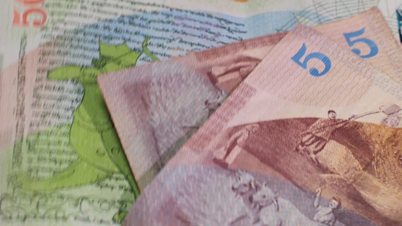 Primo piano di banconote da cinque lari georgiani. Valuta universale GEL, Banca Centrale. Macro di banconote da 5 lari. Concetto di economia, finanza e banca