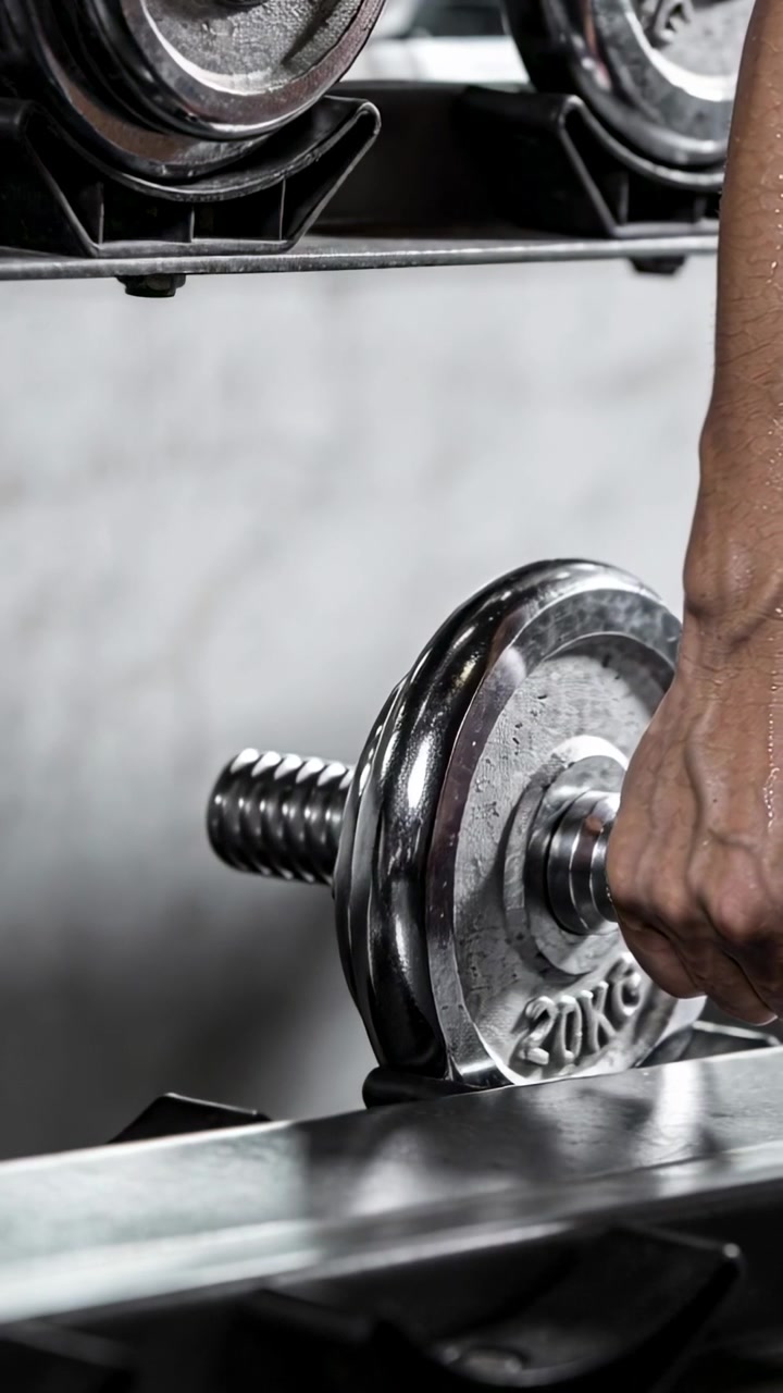 Video vertical: Mano con antebrazo descubierto cerrando el agarre, levantando mancuerna de 20 kg en gimnasio para entrenar.