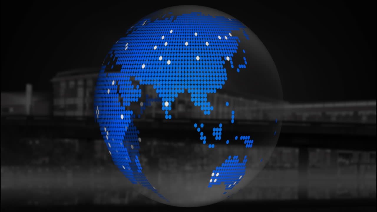 Rotating digital globe with pixelated continents over urban background animation