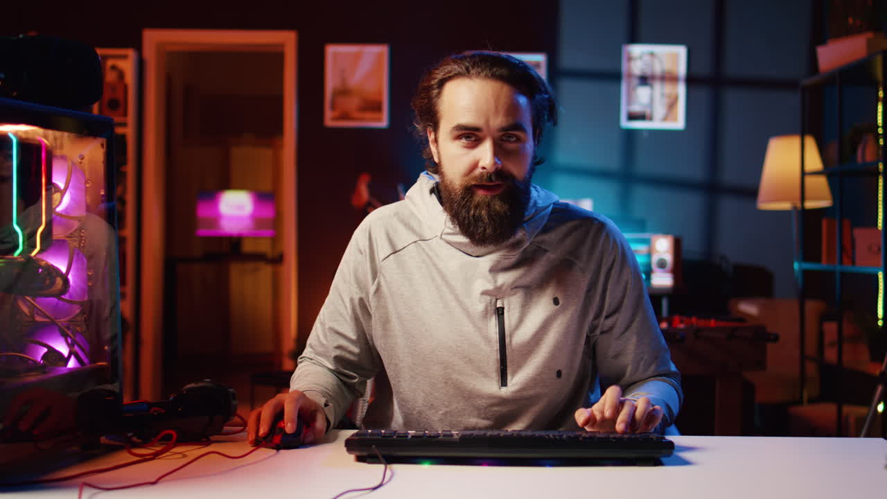 hombre girando la silla de juego alrededor, comenzando la transmisión en vivo, saludando a la audiencia, hablando