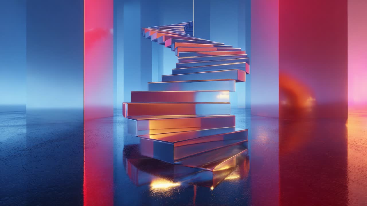 A Stunning Visual Journey of a Spiraling Staircase Amidst Vibrant Reflections and Iridescent Colors, Capturing the Essence of Modern Design and Artistic Expression in a Surreal Environment