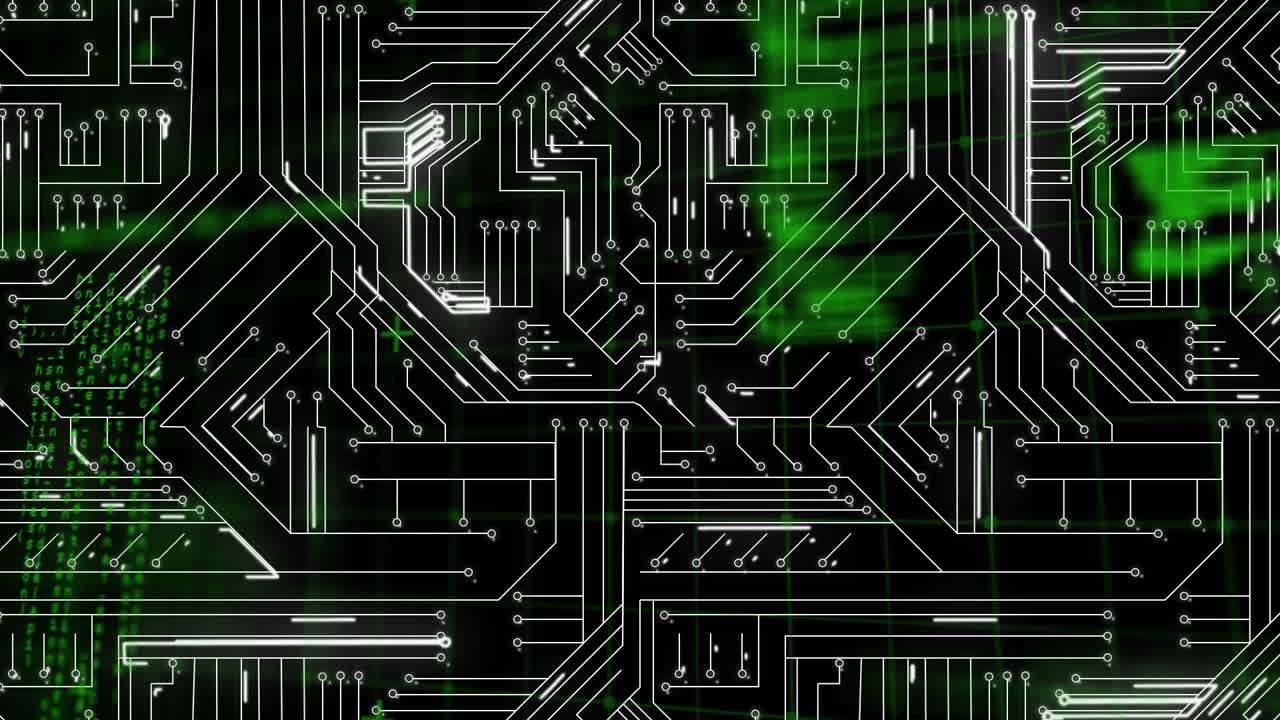 Animation of computer circuit board over data processing on black background