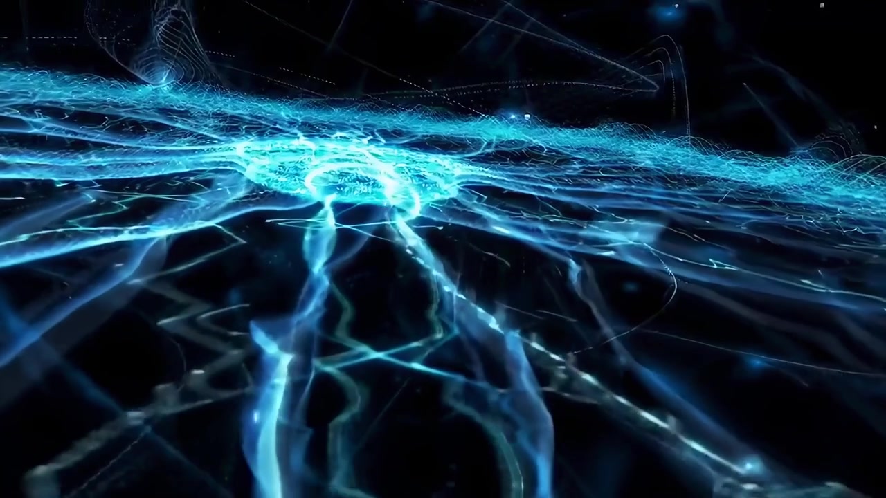 Abstract Blue Energy Waves and Digital Particles Flowing in Dark Space