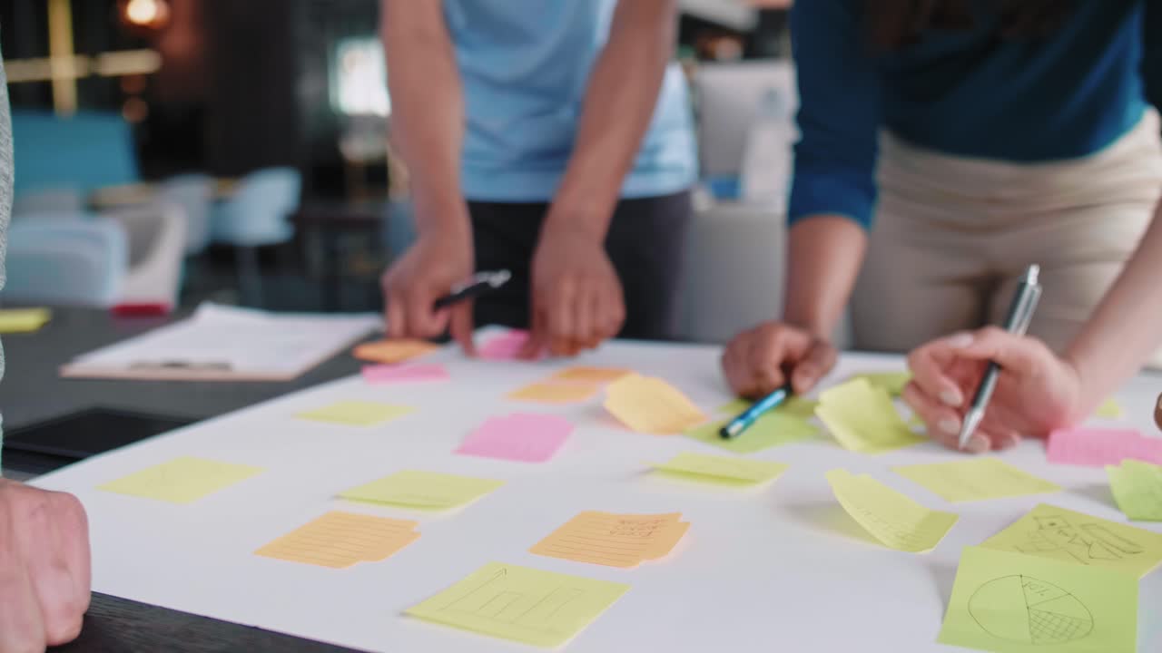 창의적인 사업가들은 접착용 메모로 계획을 세우고 있습니다.