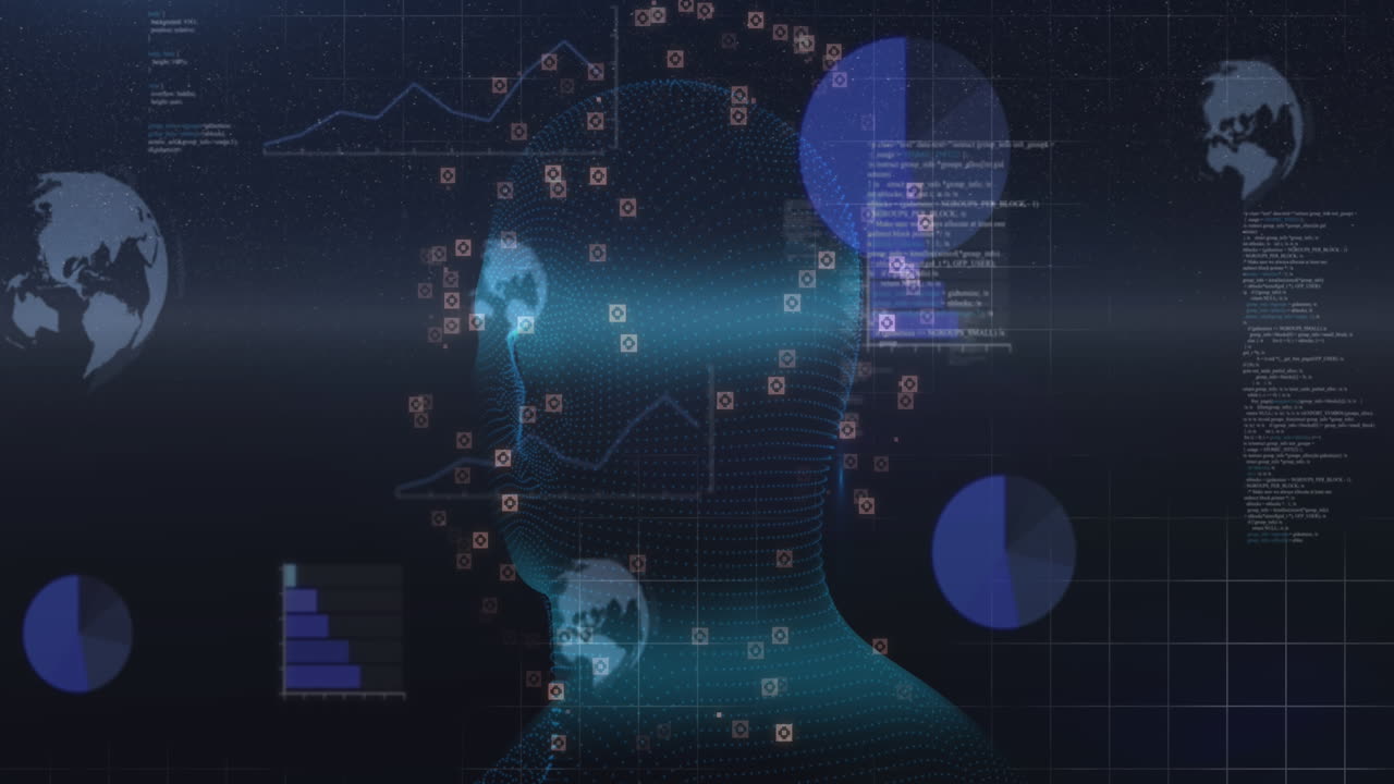 Animation of human head and data processing over digital screen
