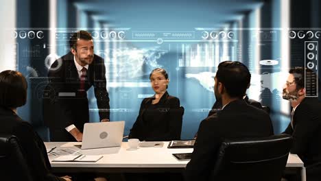 businessman touching digital interface while giving presentation