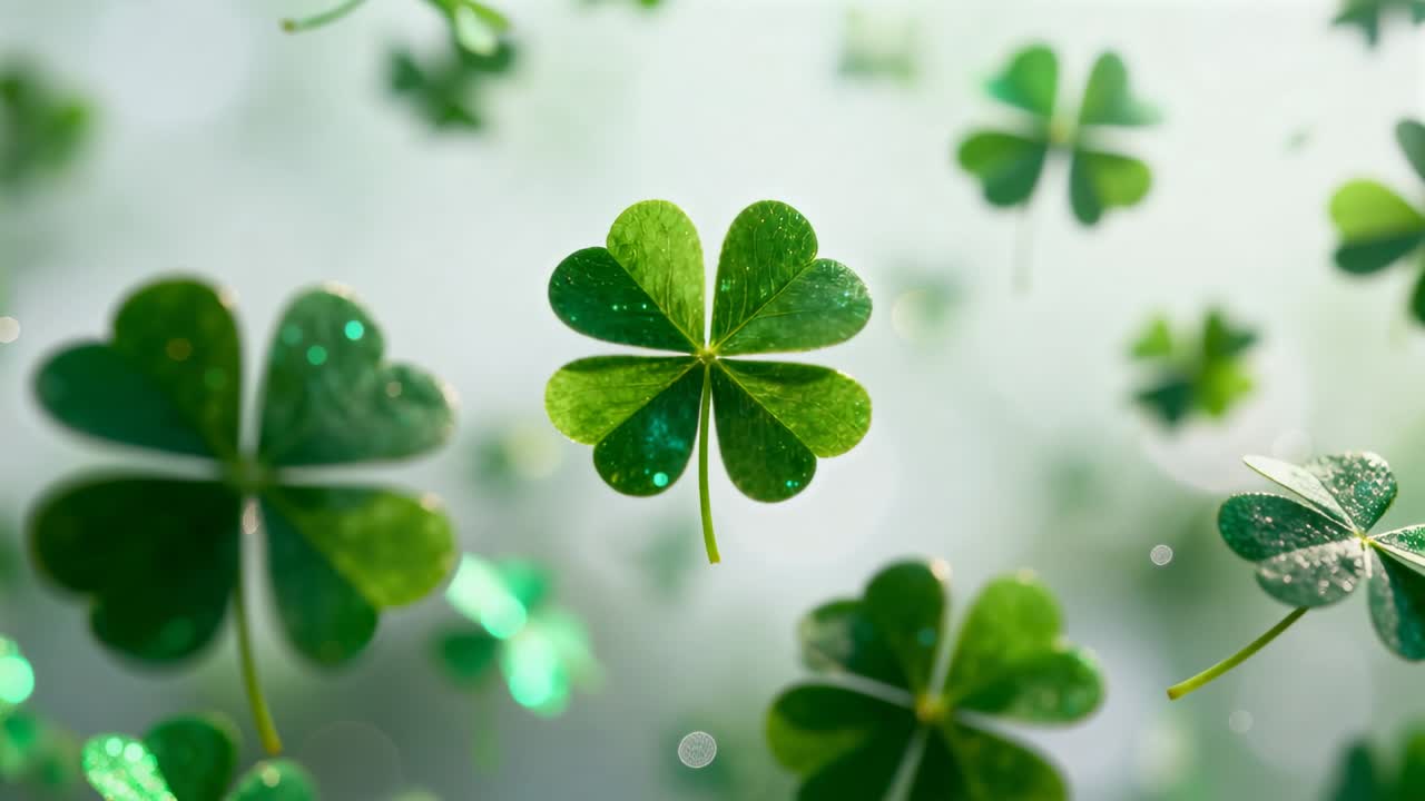 Drifting from soft current, centered four leaf clover rotating in close-up showing dew and bokeh
