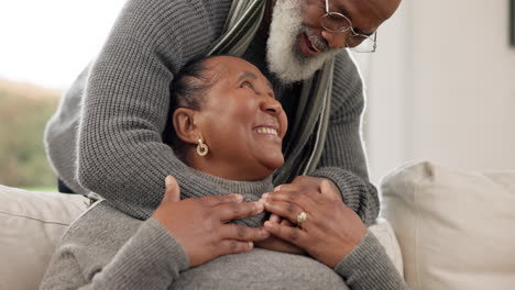 home, happy or senior couple hug with support