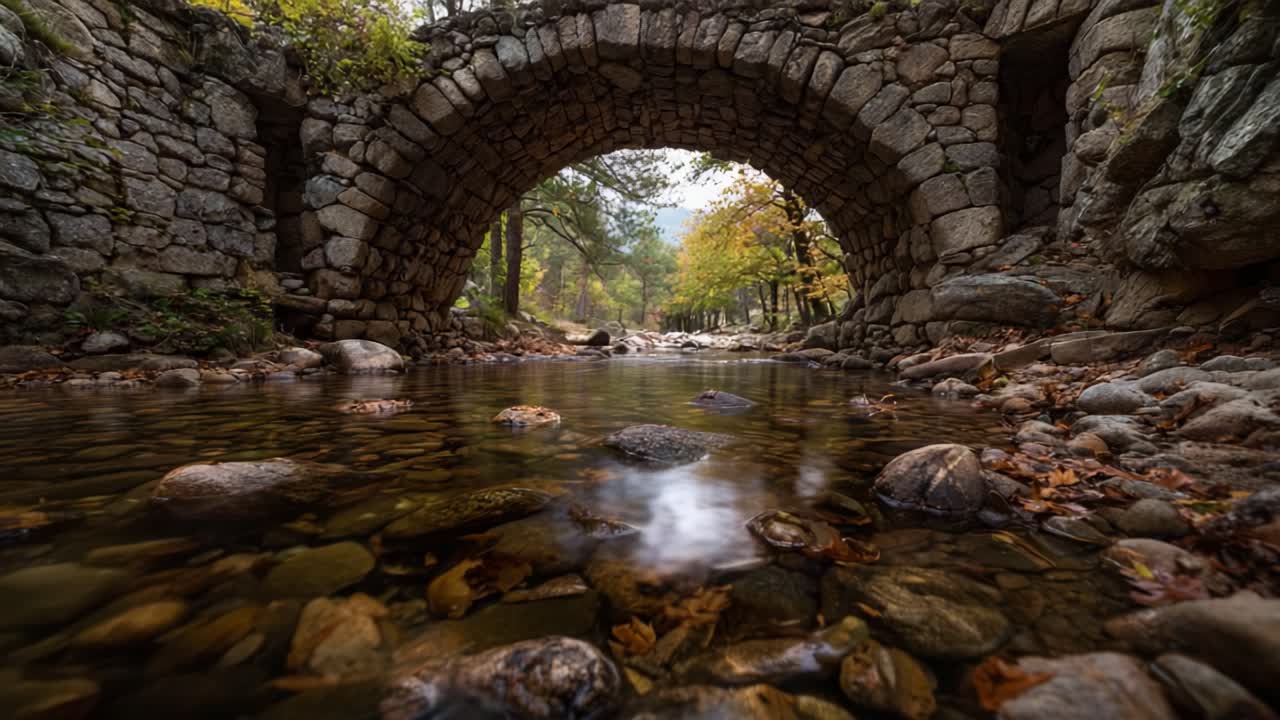 A Serene Autumn Reflections Beneath the Stone Arch Bridge Over a Tranquil Stream Surrounded by Colorful Foliage in Nature's Peaceful Embrace