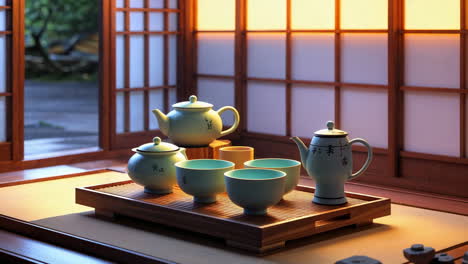 traditional japanese tea set with shoji screens