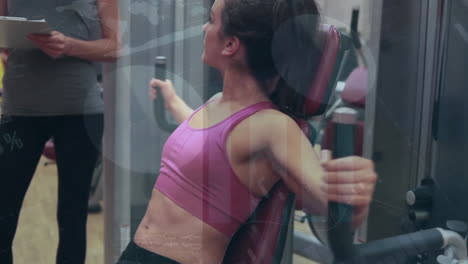 animación del procesamiento de datos financieros sobre una mujer caucásica haciendo ejercicio con una entrenadora en el gimnasio